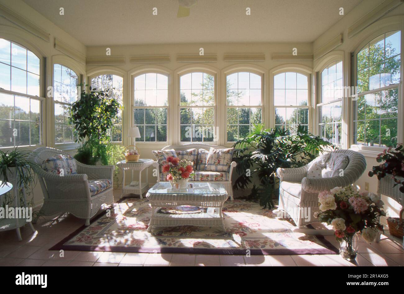 Sala solarium piena di luce con mobili in vimini bianchi e piante interne, Missouri, USA Foto Stock