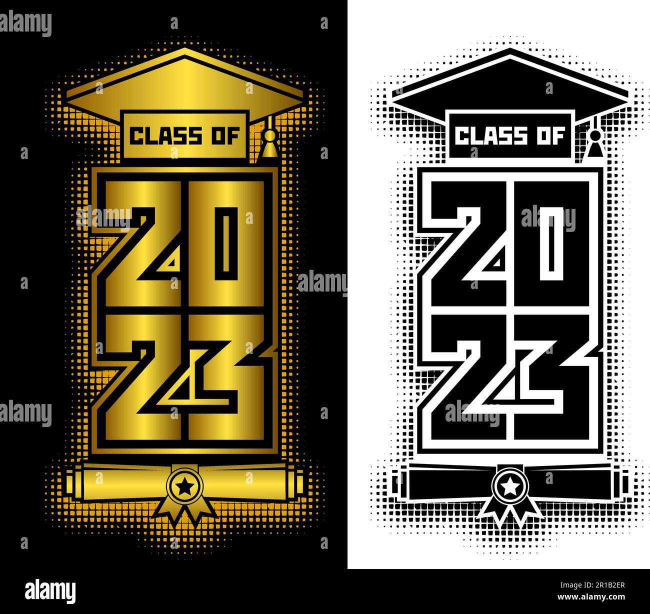 testata graduata di classe 2023. Il concetto di decorazione di congratulazioni per i laureati della scuola. Design per t-shirt, volantino, invito, biglietto d'auguri. Vettore Illustrazione Vettoriale