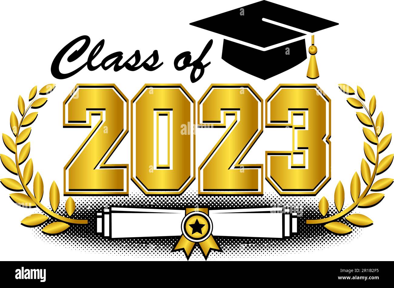 Modello di logo per classe laureata con diploma, corona di alloro e tappo di laurea. Vettore su sfondo trasparente Illustrazione Vettoriale