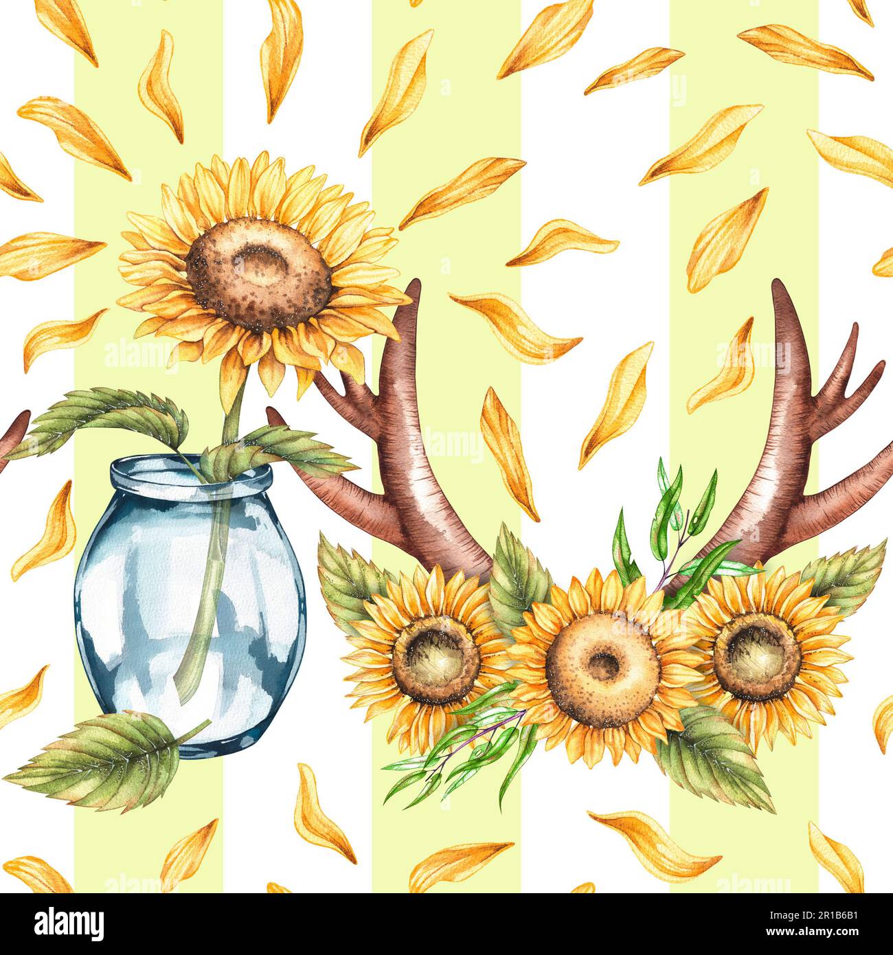 Motivo girasole acquerello con corna, bouquet di girasole, vaso in vetro su sfondo a righe per la progettazione di tessuti, tessuti, sfondi, invita Foto Stock