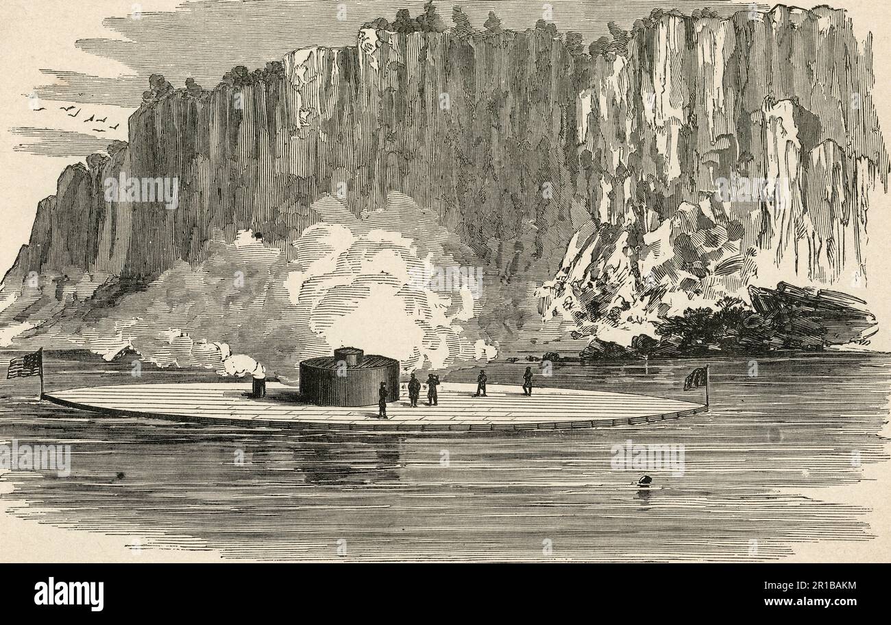 Il Passaic provando la sua grande pistola alle Palisades, 15 novembre 1862 durante la guerra civile americana Foto Stock