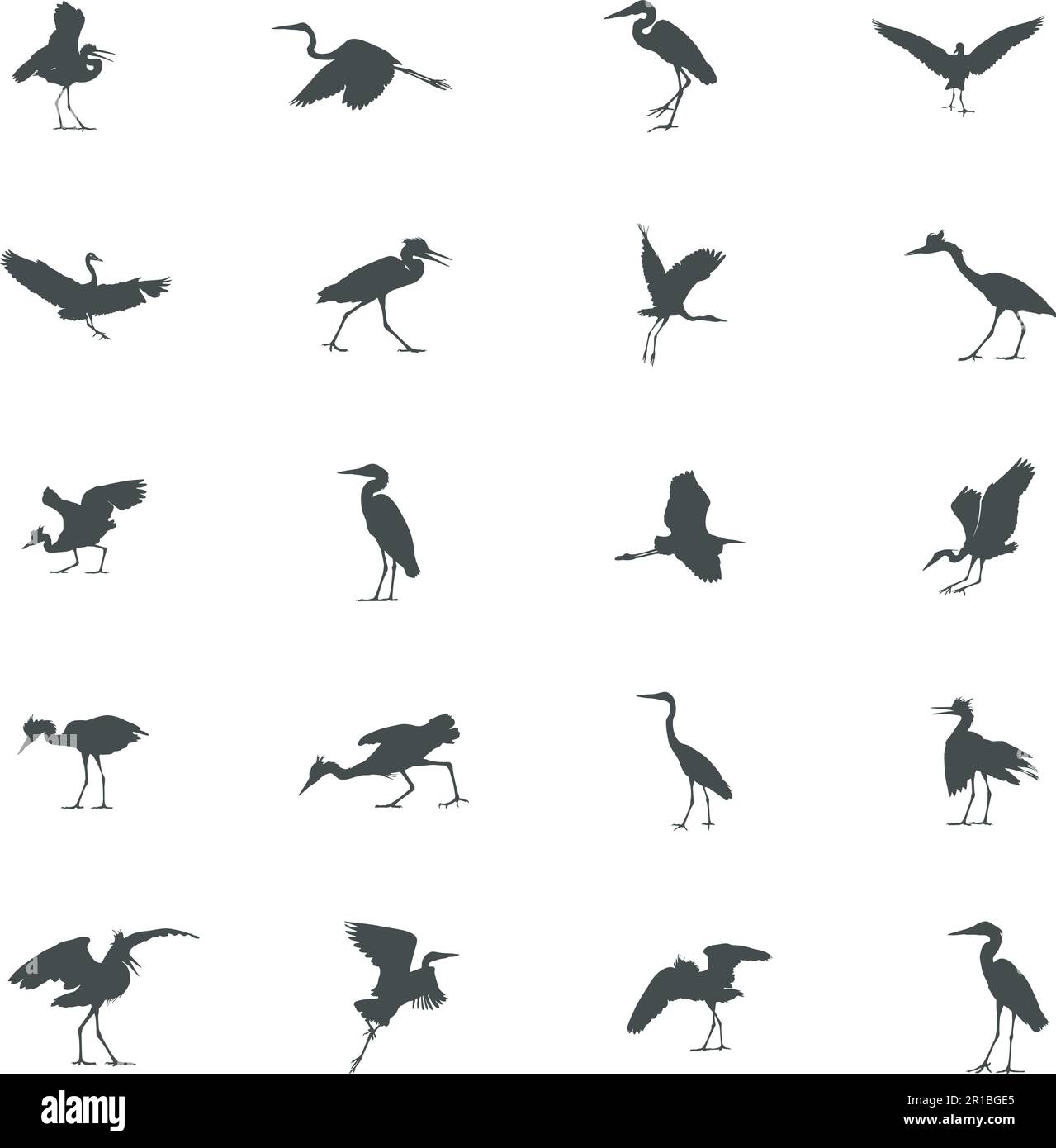 Silhouette Heron, illustrazione vettore Heron, silhouette Bird, Set icone Heron. Illustrazione Vettoriale