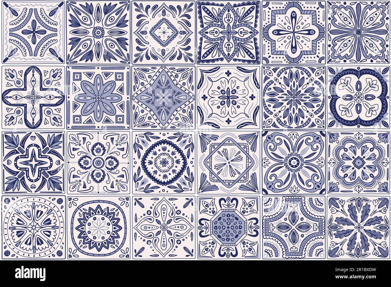 Pavimento in piastrelle di ceramica, modello portoghese. Fiori e foglie geometriche blu, elementi geometrici, mosaico spagnolo azulejo, ornamento di vernice floreale indaco. Dic Illustrazione Vettoriale