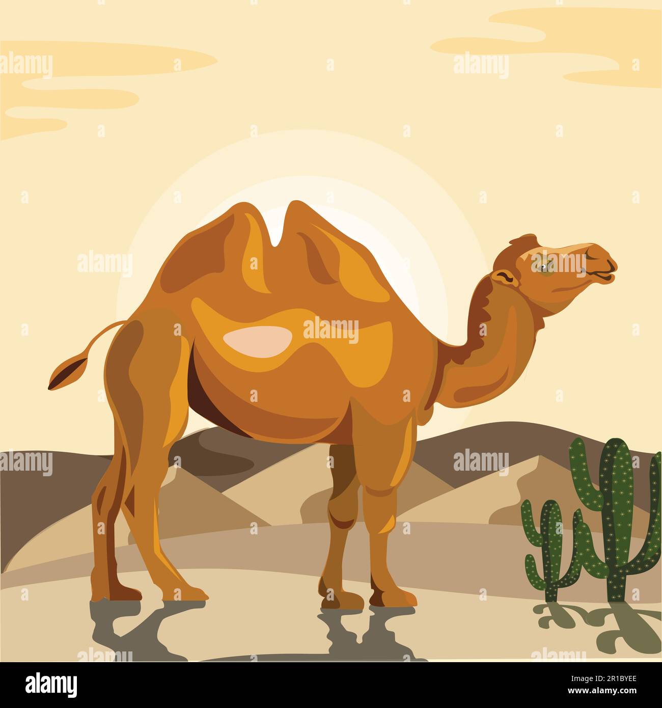 Composizione di cammelli del deserto con paesaggi desolati e immagini piatte con treno di cammelli che attraversano un luogo deserito illustrazione vettoriale. è venuto il doppio humped Illustrazione Vettoriale