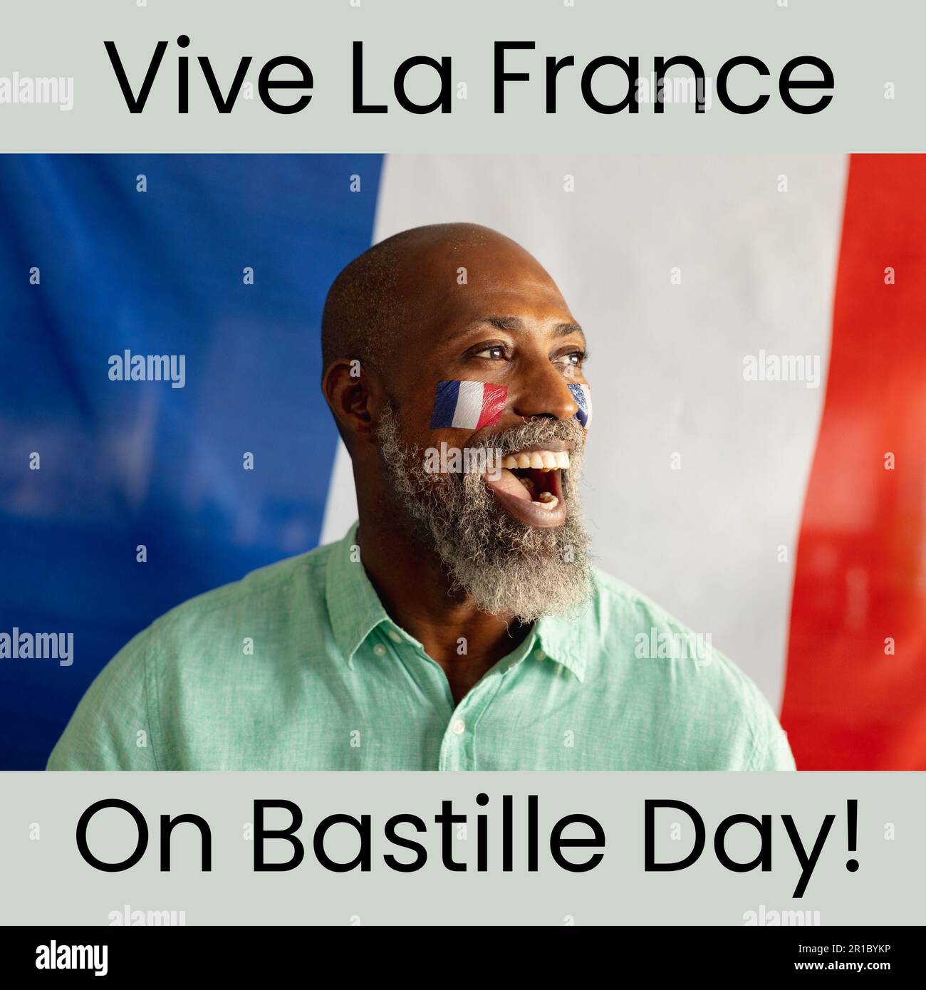 Composizione del testo del giorno della bastiglia sull'uomo afroamericano con bandiere di francia dipinte sulle guance Foto Stock