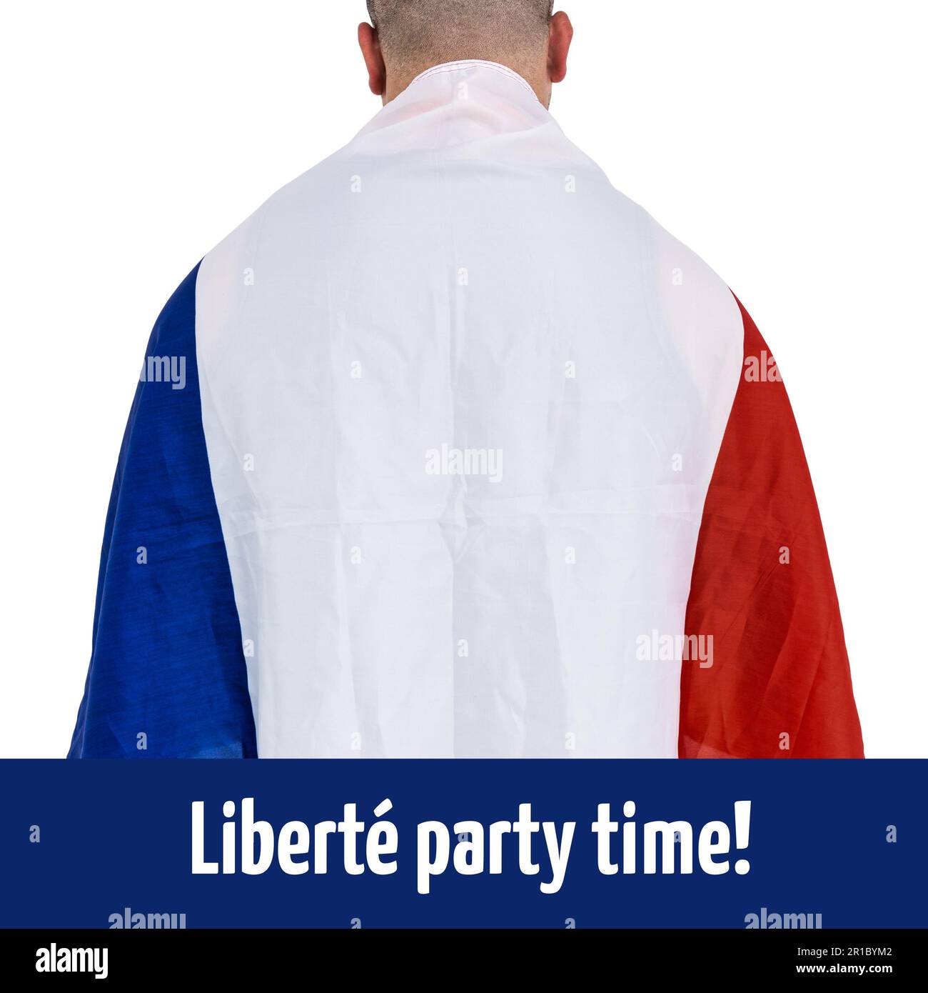 Composizione del testo del giorno della bastiglia sull'uomo caucasico con bandiera di francia Foto Stock