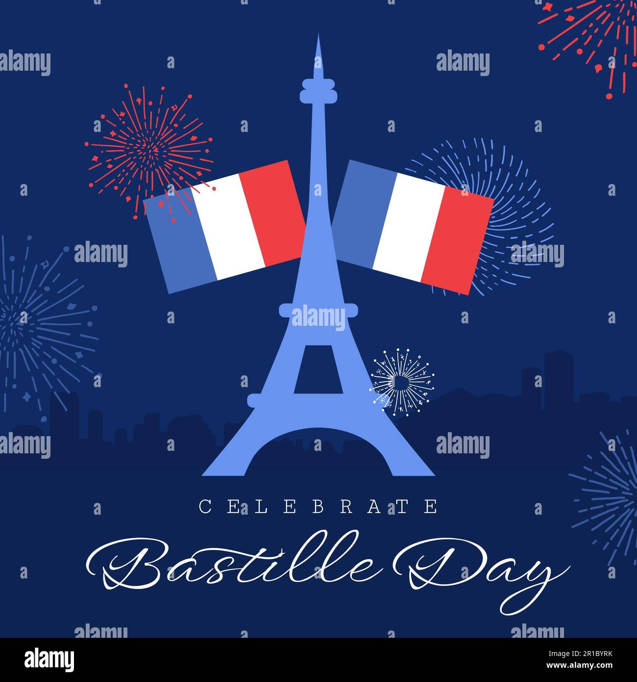 Composizione del testo festeggia la bastiglia sulle bandiere di francia e Torre eiffel Foto Stock