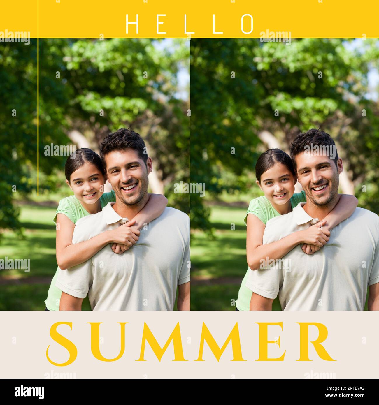 Composizione del testo estivo del ciello su uomo caucasico con figlia in giardino estivo Foto Stock