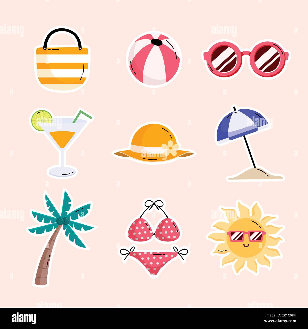 Set di elementi estivi per le vacanze in spiaggia. Icone piatte illustrazione vettoriale. Illustrazione Vettoriale