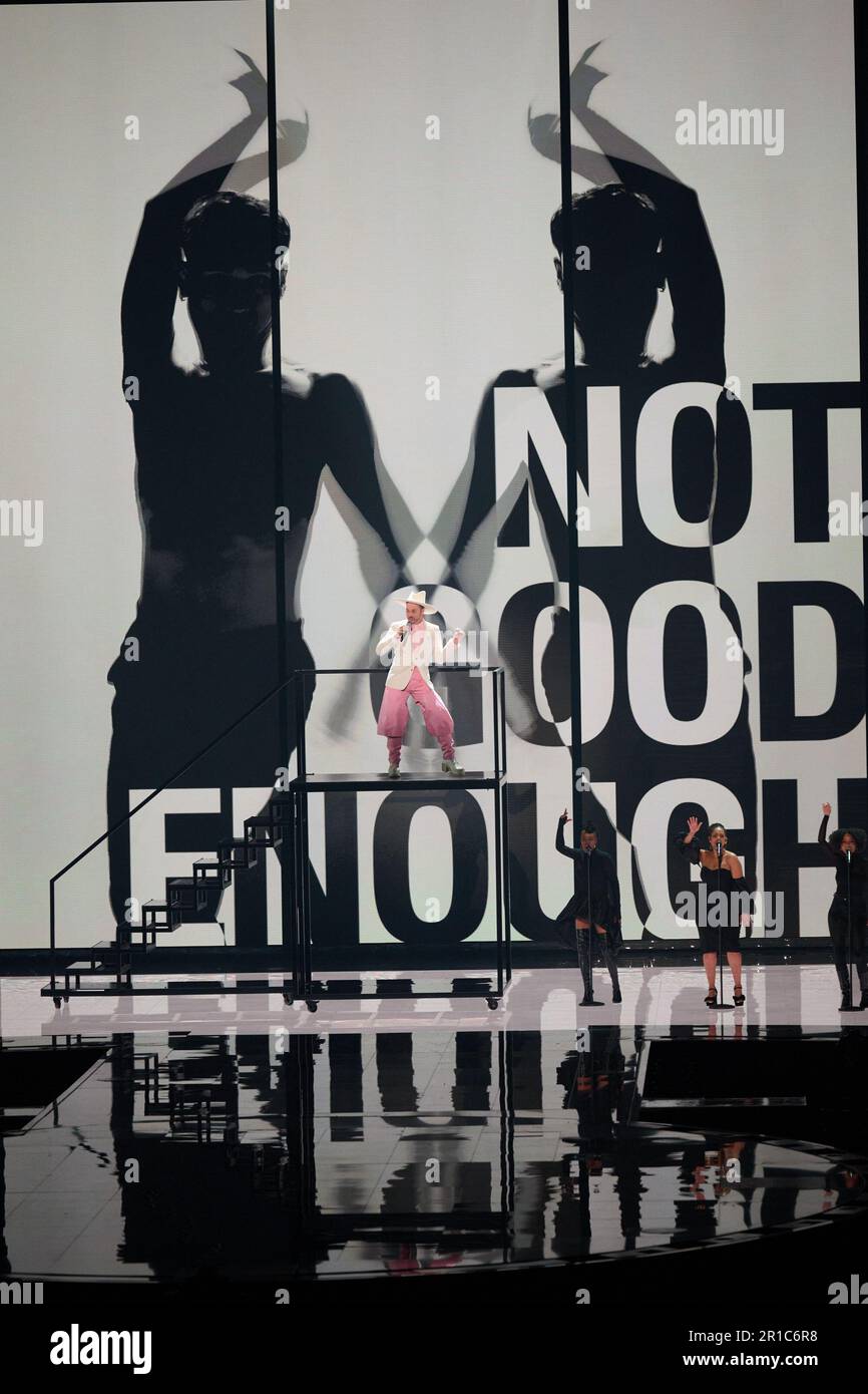 Liverpool, Regno Unito. 12 maggio 2023 . Gustaph in rappresentanza del Belgio ha mostrato di esibirsi sul palco alla prova dell'abito per la Grande finale del Concorso di canzoni Eurovision tenutosi alla M&S Bank Arena. Credit: Alan D West/EMPICS/Alamy Live News Foto Stock