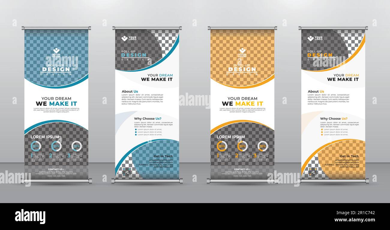 Modello verticale per il design di banner avvoltivi aziendali blu e arancione. vettoriale, sfondo geometrico astratto, x-banner moderno e flag-banner. Illustrazione Vettoriale