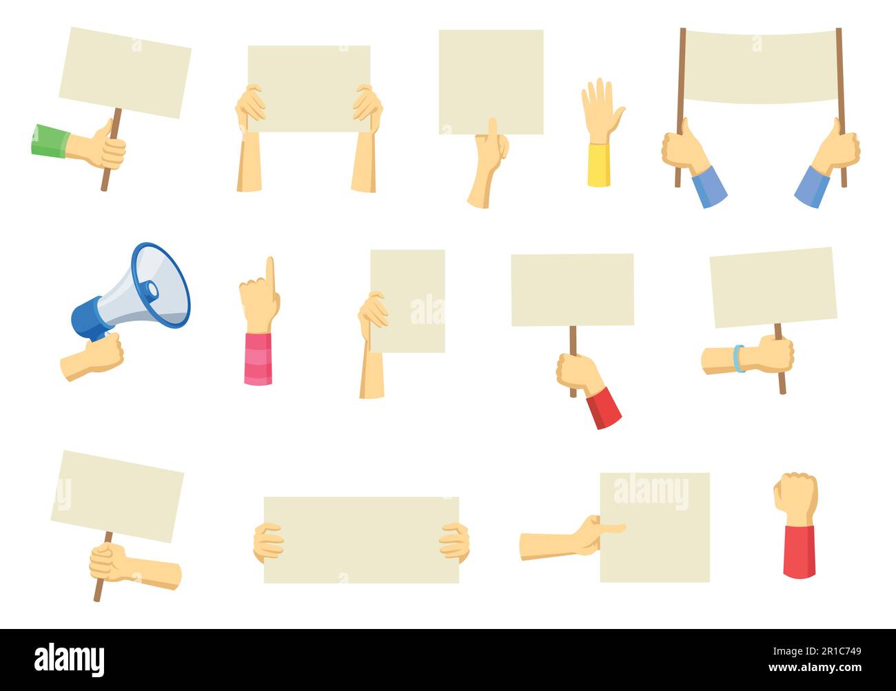 Mani che detengono cartelli di protesta e megafono Illustrazione Vettoriale