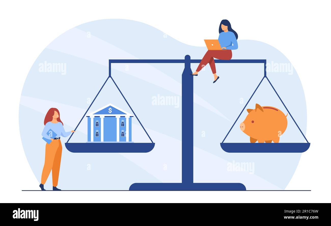 Gente piccola con la casa e la banca del piggy sulle scale Illustrazione Vettoriale