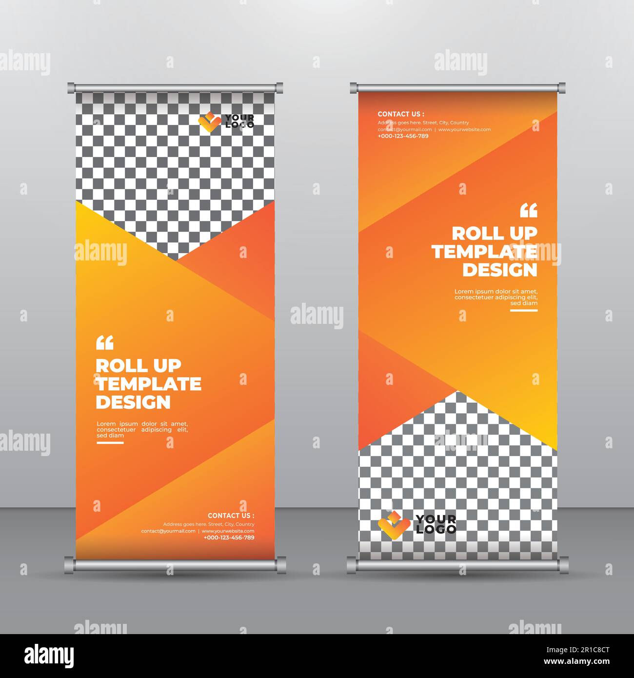 Modello verticale di disegno banner Roll-Up con forme astratta arancioni. vettore, sfondo geometrico astratto, x-banner e flag-banner moderni, dimensioni rettangolo Illustrazione Vettoriale