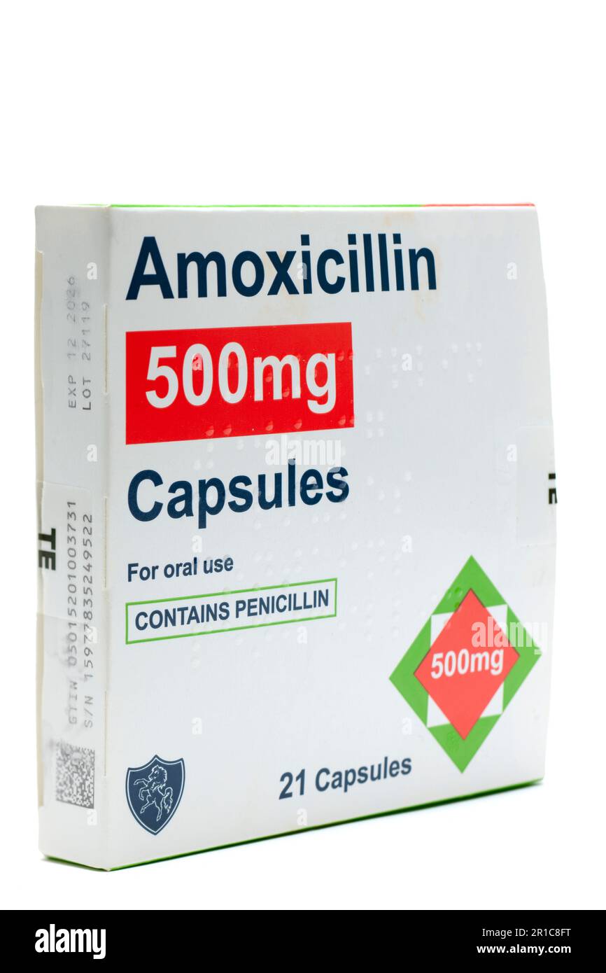 Scatola di Amoxicillin 500mg Capsule Foto Stock