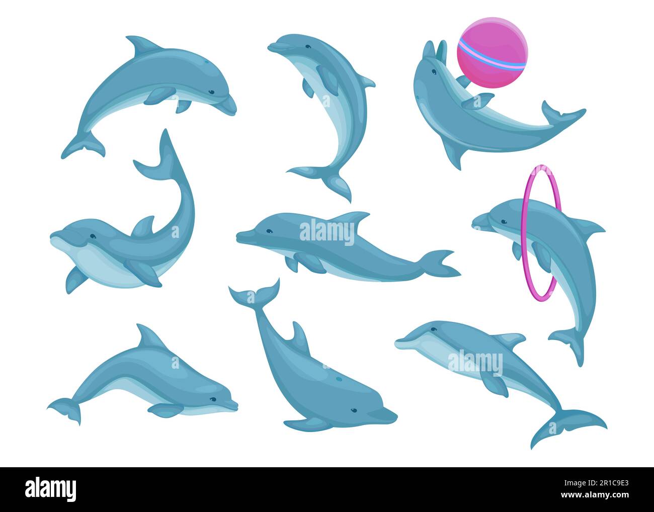 Delfini blu che saltano e nuotano Illustrazione Vettoriale