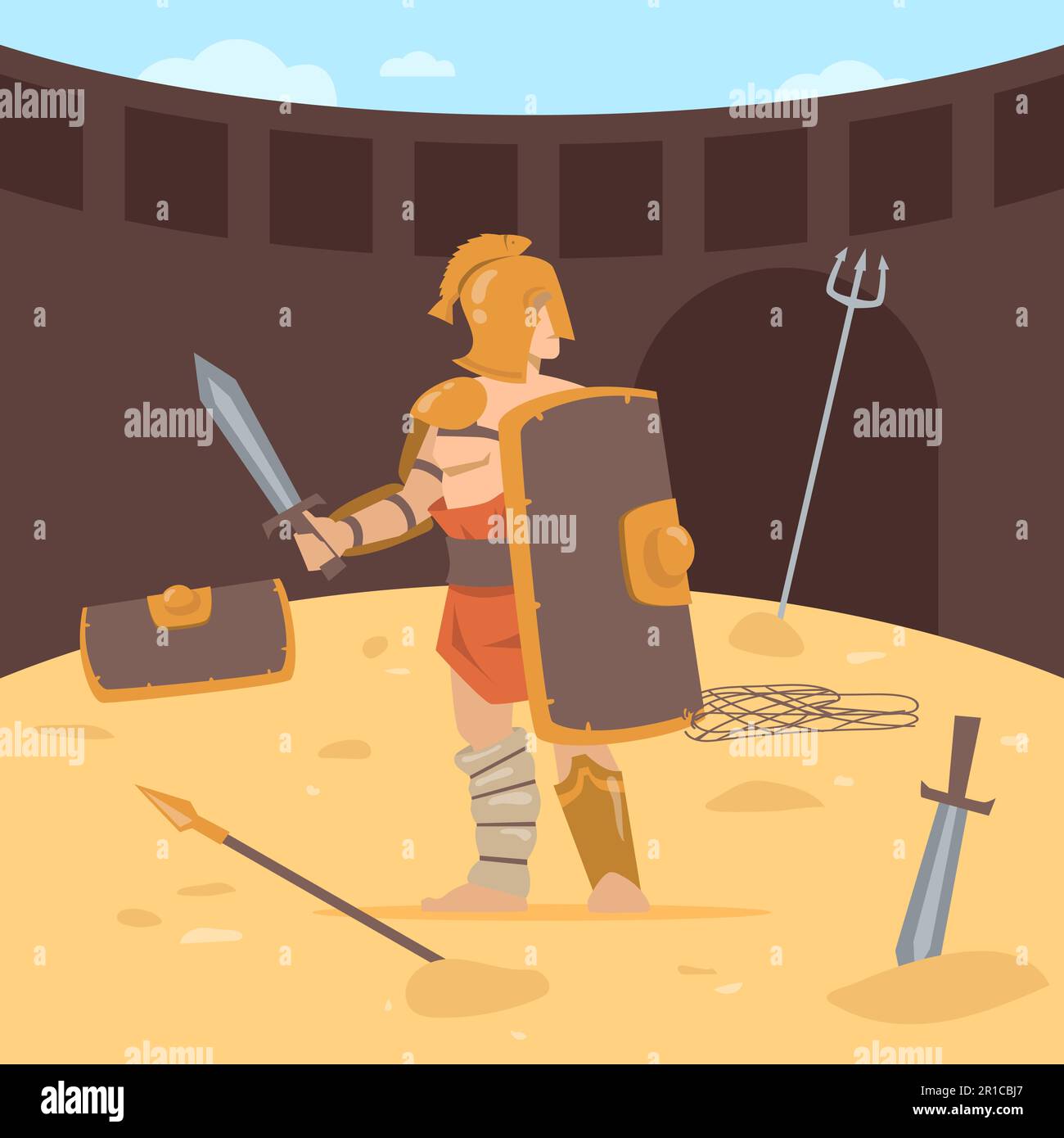 Soldato romano con spada e scudo, con armatura e casco Illustrazione Vettoriale