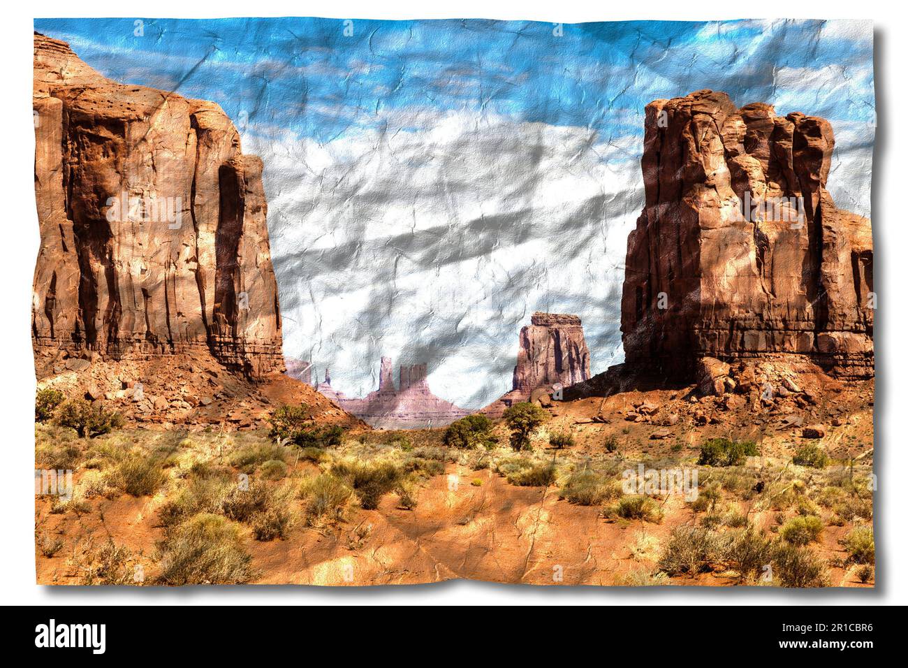 Immagine creativa della Monument Valley negli Stati Uniti - paesaggio rosso panoramico con cielo blu Foto Stock