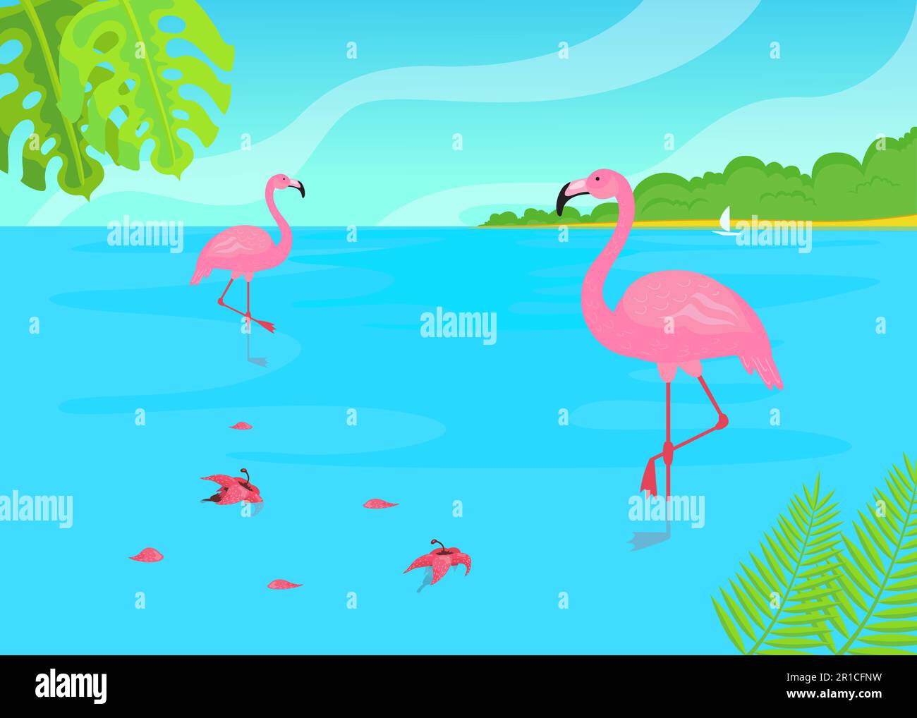 Fenicotteri in piedi in acqua su illustrazione tropicale di fondo Illustrazione Vettoriale