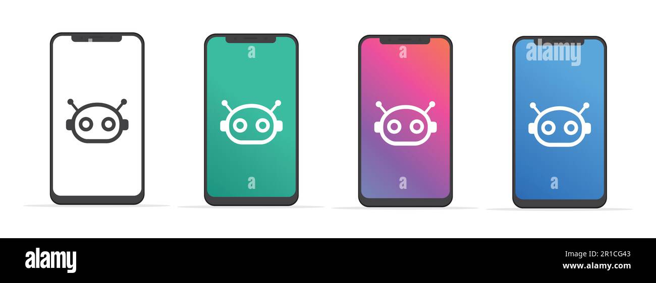 Chatbot al telefono, chattare con il robot sullo schermo. Impostare su sfondo bianco. Illustrazione vettoriale Illustrazione Vettoriale