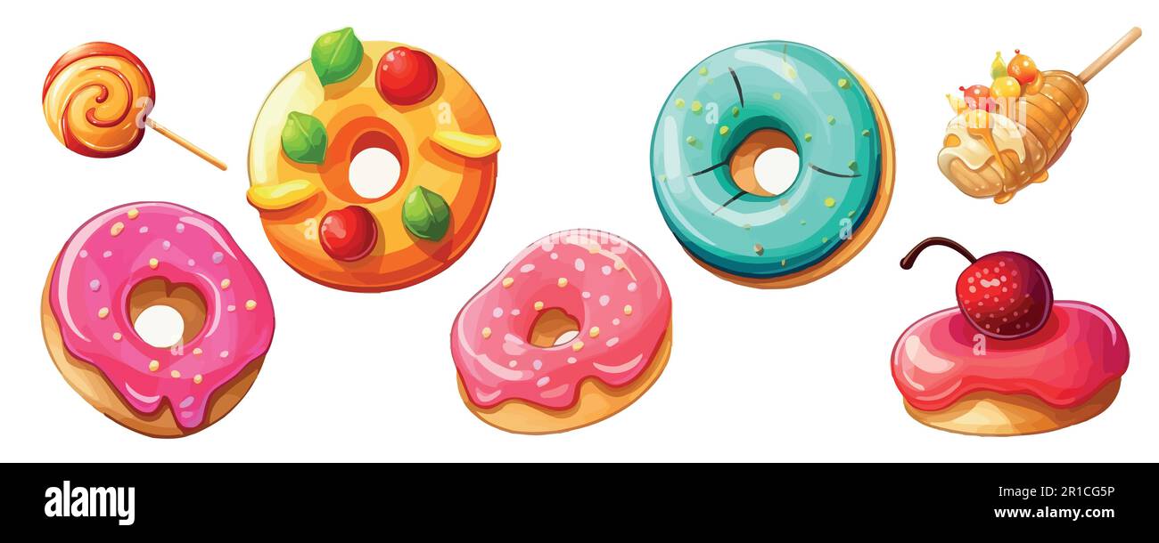 Set di ciambelle lollipop in stile cartoon. Illustrazione vettoriale Illustrazione Vettoriale