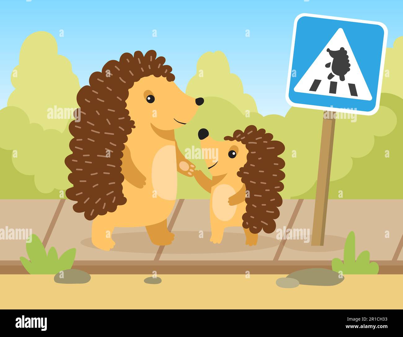 Hedgehog mamma o papà andando a attraversamento pedonale con bambino Illustrazione Vettoriale