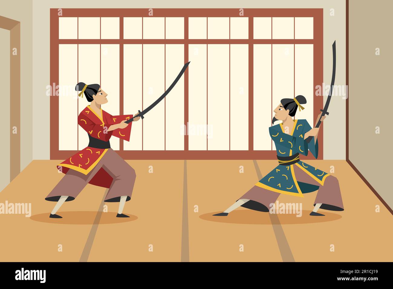 Due personaggi samurai cartoni animati che si combattono l'uno con l'altro con le spade Illustrazione Vettoriale