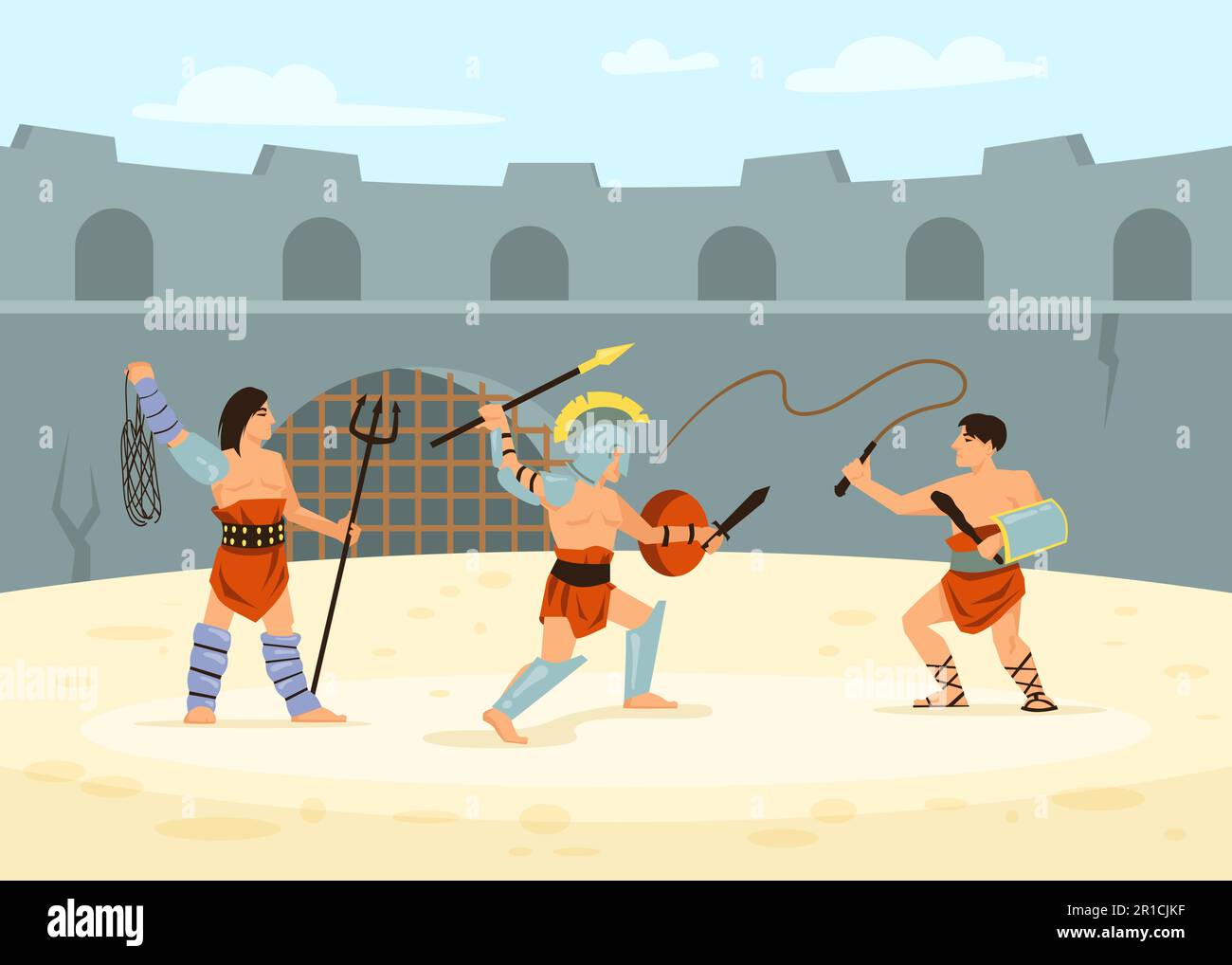 Soldati romani che si disbattono l'un l'altro in battaglia in arena Illustrazione Vettoriale