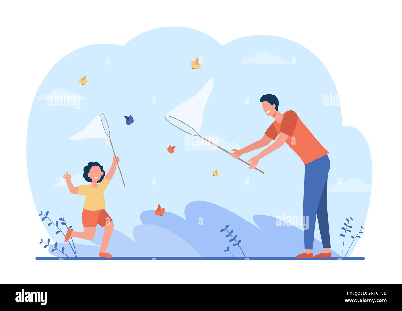 Allegro papà e ragazza cattura farfalle Illustrazione Vettoriale