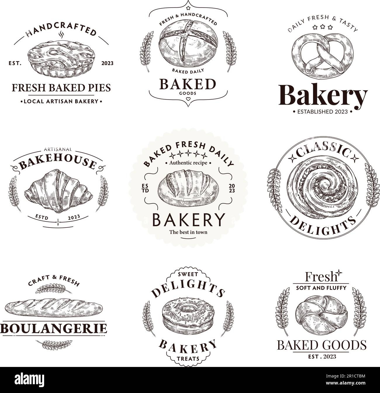 Emblema da forno. Etichetta artigianale locale del fornetto con pane appena sfornato, delizie dolci e buon set di modelli vettoriali al forno Illustrazione Vettoriale