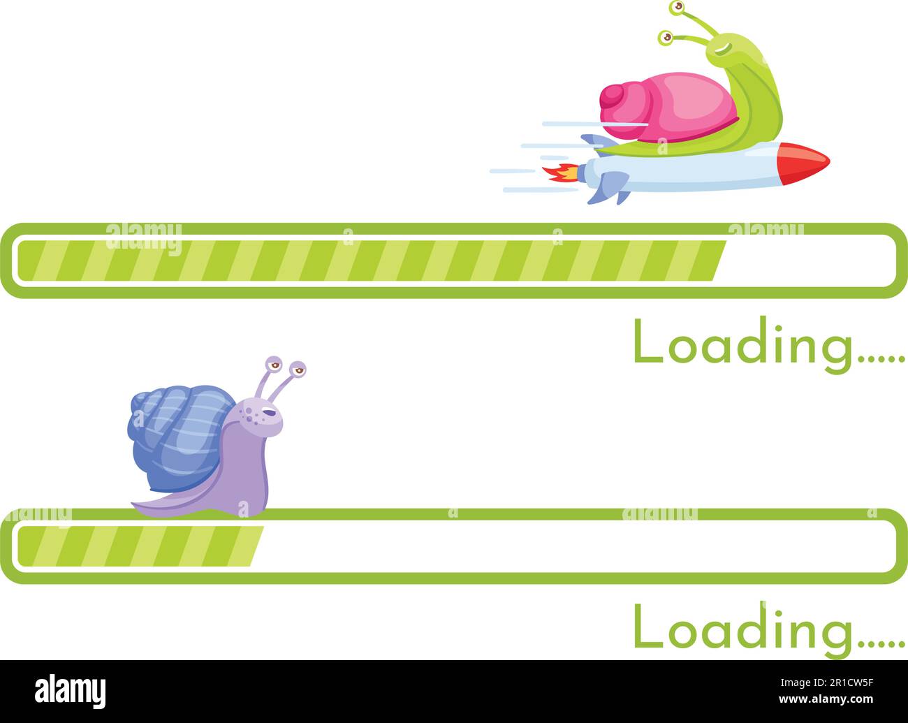 Velocità di connessione Internet. Download lento e veloce razzo, barra di caricamento con divertente cartoon lumache vettore illustrazione Illustrazione Vettoriale
