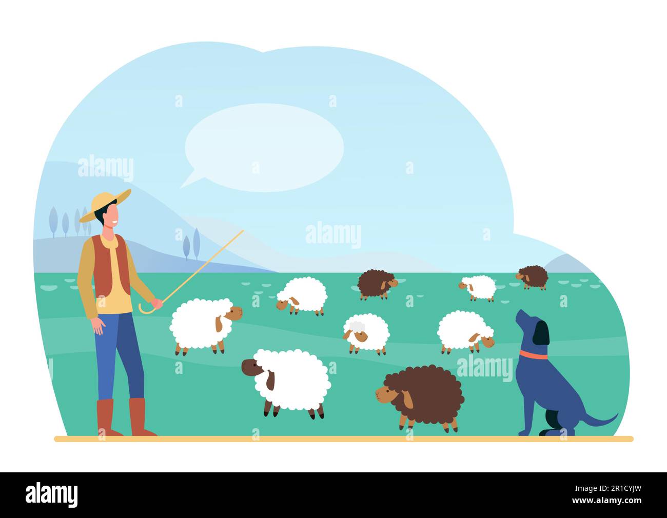 Pastore uomo con bastone e cane che pascolano pecore sul campo estivo Illustrazione Vettoriale Pastore uomo con bastone e cane che pascolano pecore sul campo estivo Illustrazione Vettoriale