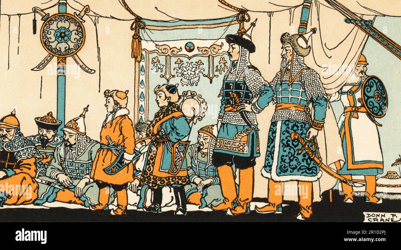 Genghis Khan (c1162-1227) corte di corte con sua moglie Börte (c1161-1230). Di Donn Philip Crane (1878-1944). Batu Khan (c1205-1255) Subutai (c1175-1248) Hulagu Khan (c1217-1265) e Kublai Khan (poi Temujin) rendono omaggio. Foto Stock
