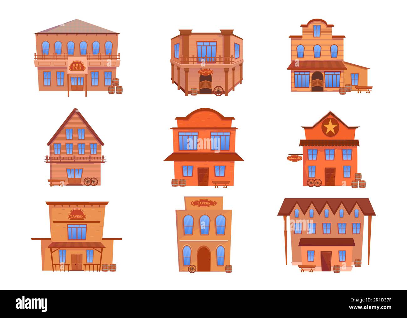 Set di illustrazioni vettoriali per edifici in legno occidentali Illustrazione Vettoriale