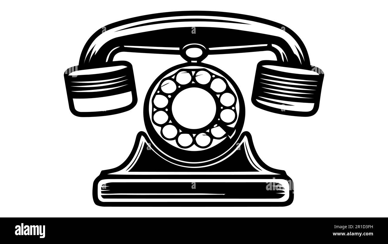 Logo vettoriale dell'illustrazione disegnata a mano del telefono retro in stile vintage inciso. Illustrazione Vettoriale
