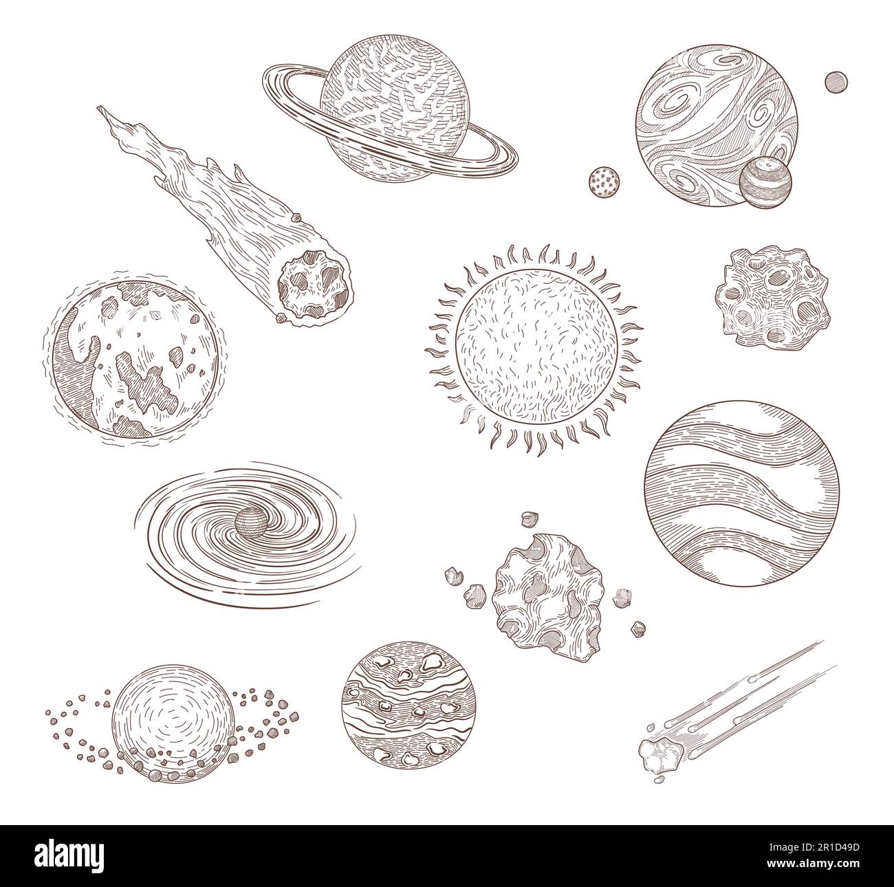 Pianeti, comete e meteore incise illustrazioni set Illustrazione Vettoriale
