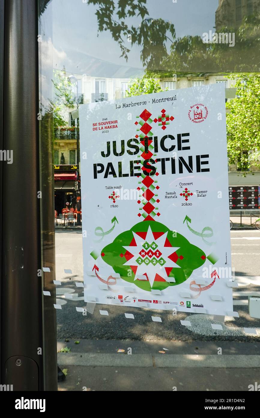 Parigi, Francia. 13 maggio 2023. Giustizia per la Palestina, centro della città, 1st ° arrondissement, Place Chatelet. Poster lungo il percorso di protesta. Foto Stock