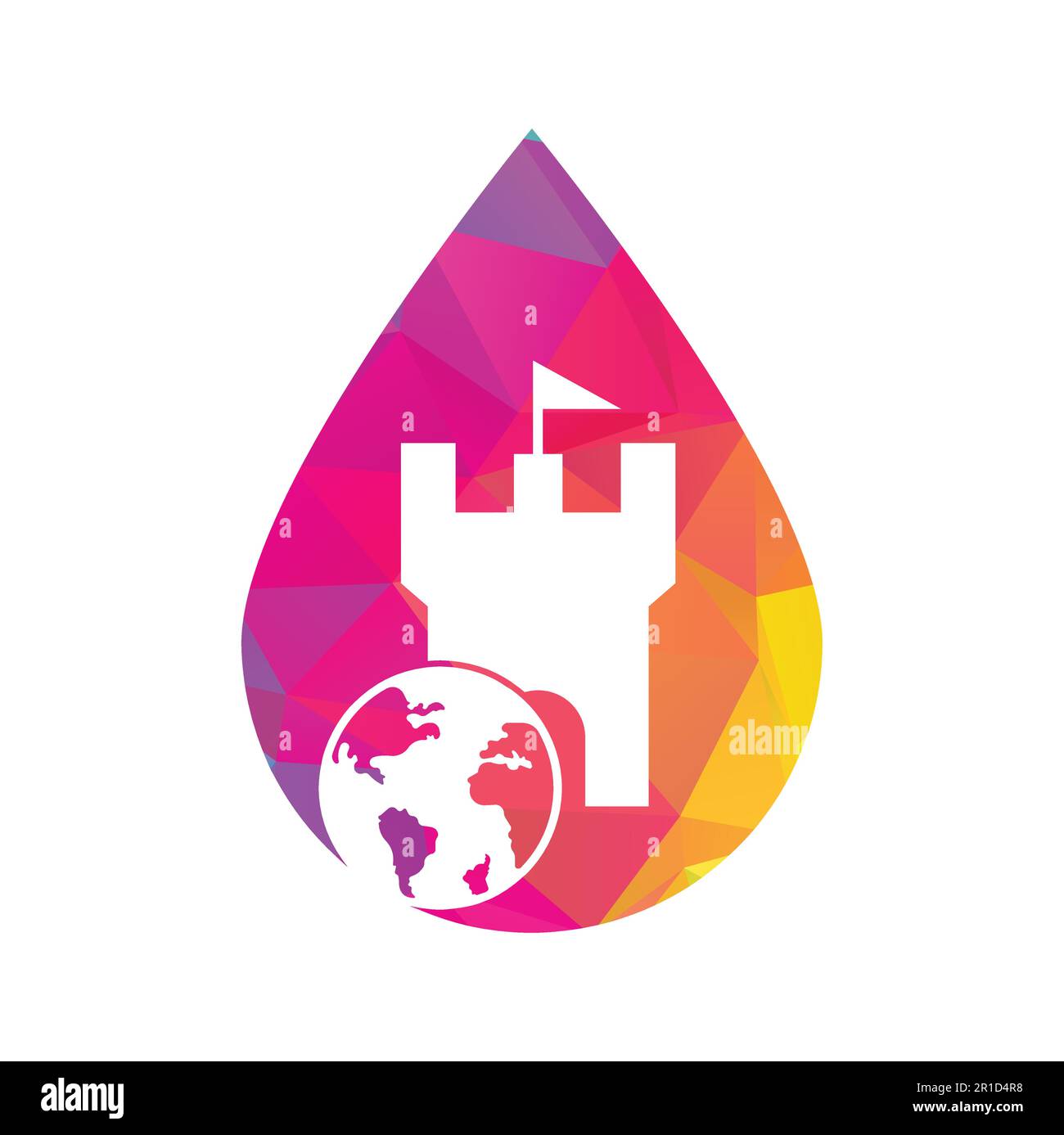 Logo vettoriale del globo del castello. Modello di design esclusivo per il logo di fortezza e globo. Illustrazione Vettoriale