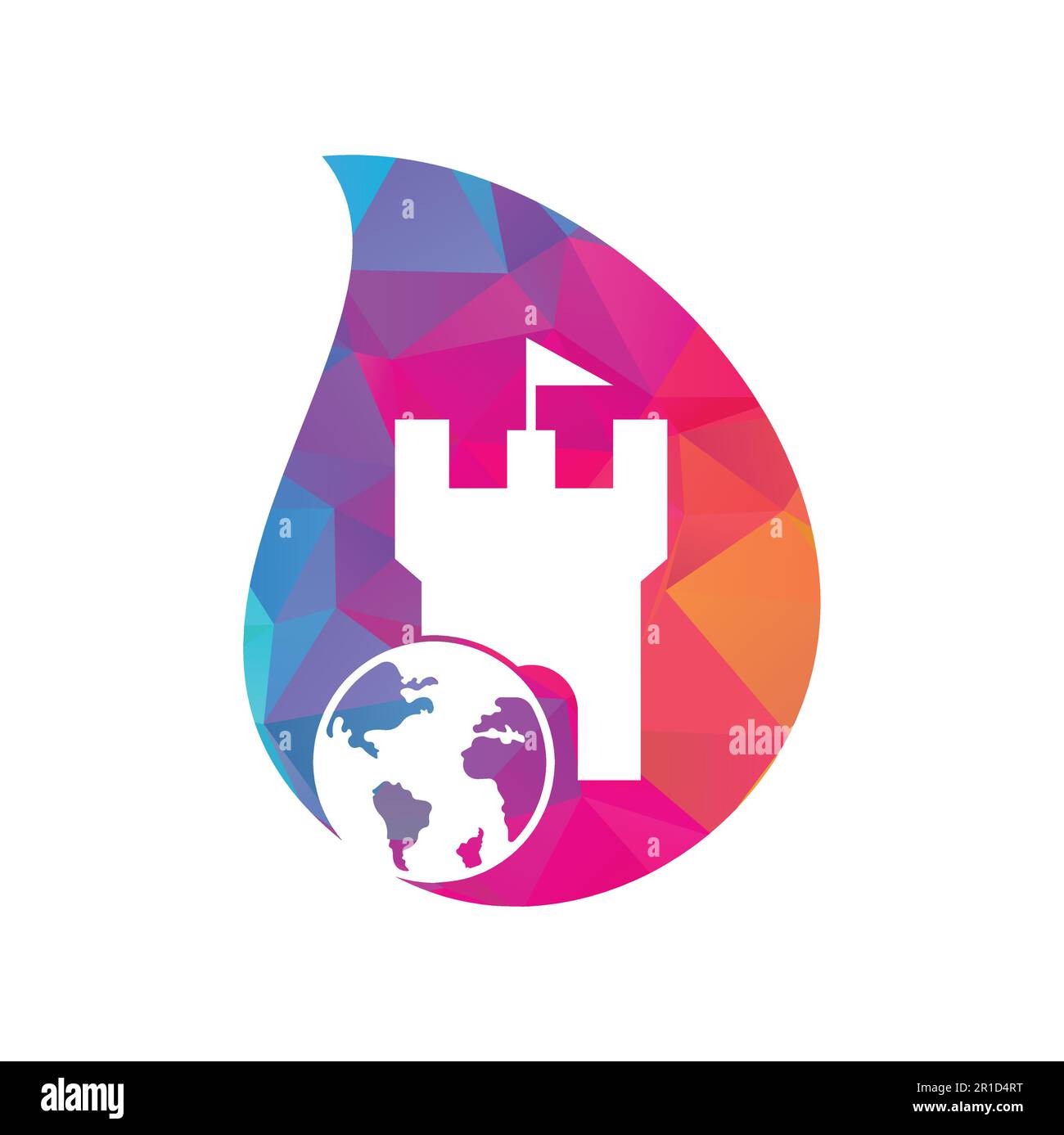 Logo vettoriale del globo del castello. Modello di design esclusivo per il logo di fortezza e globo. Illustrazione Vettoriale