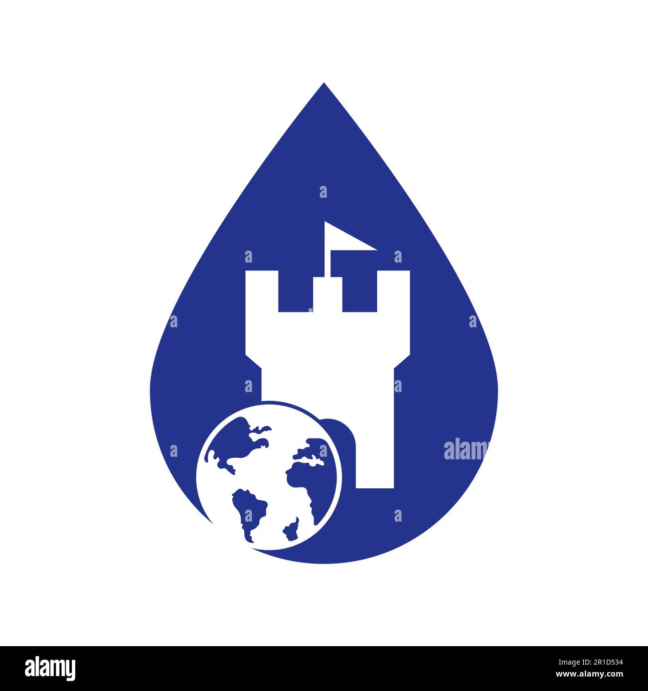 Logo vettoriale del globo del castello. Modello di design esclusivo per il logo di fortezza e globo. Illustrazione Vettoriale