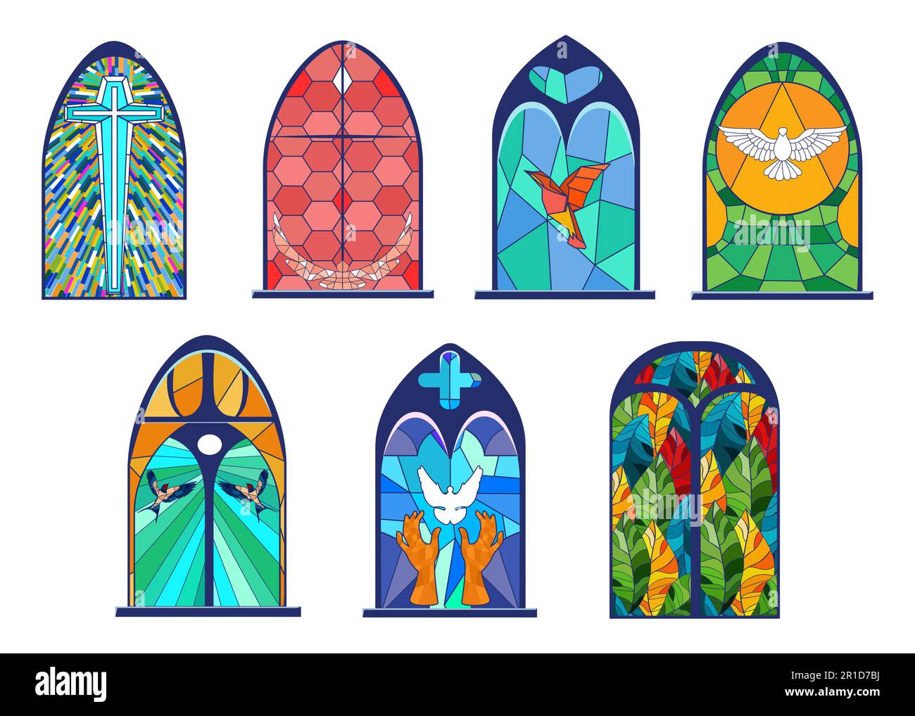 Set di cartoni animati di vecchie finestre di vetro colorato illustrazione vettoriale Illustrazione Vettoriale