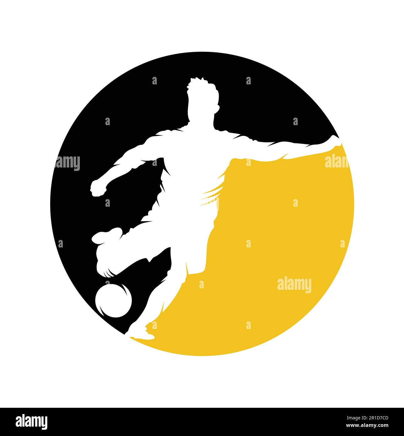 Design del logo Football and Football Player. Disegno dell'icona del vettore di logo della sfera di dribbling. Illustrazione Vettoriale