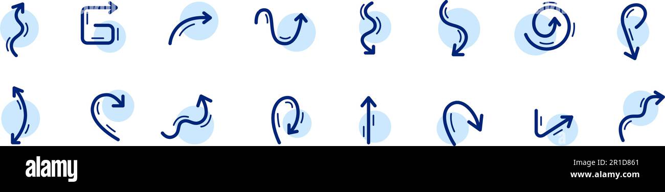 Frecce su, giù, rotonde, ondulate e diritte. Pixel Perfect, set di tratti modificabili Illustrazione Vettoriale