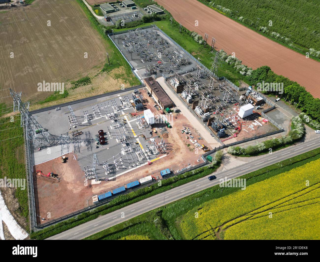 Veduta aerea di una centrale elettrica National Grid nell'Herefordshire UK nel maggio 2023 Foto Stock