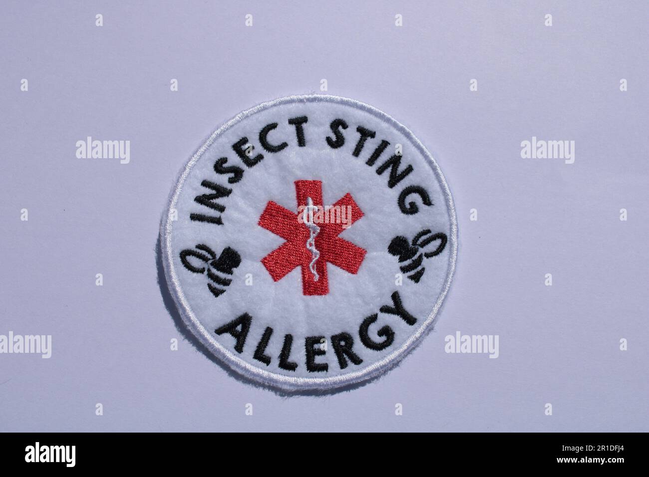 Allarme allergia pungiglione insetto, allarme allergia pungiglione insetto cucire su una patch su uno sfondo piano. Lancashire, Regno Unito, 13-05-2023 Foto Stock