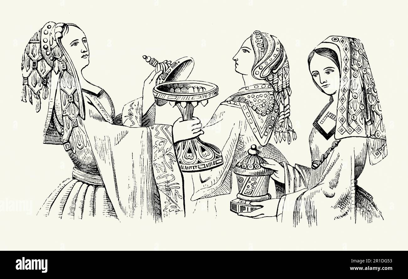 Una vecchia incisione di abbigliamento indossato dalle donne in Tudor Times in Inghilterra. Lo stile di vestito risale alla prima parte del 16th ° secolo durante il regno di Enrico VIII (1547-1553). I vestiti spesso hanno caratterizzato gli abiti lunghi che sono stati ricamati spesso con i gioielli. Scollature quadrate e maniche appese sciolte erano popolari. Per le donne capelli lunghi era di moda, spesso in trecce. Copricapo con cappe e sciarpe ricamate. Questo abbigliamento sarebbe stato indossato da coloro che nella società con soldi, la prova di sbarcamento, la nobiltà e gli altri collegati alla corte reale. Foto Stock