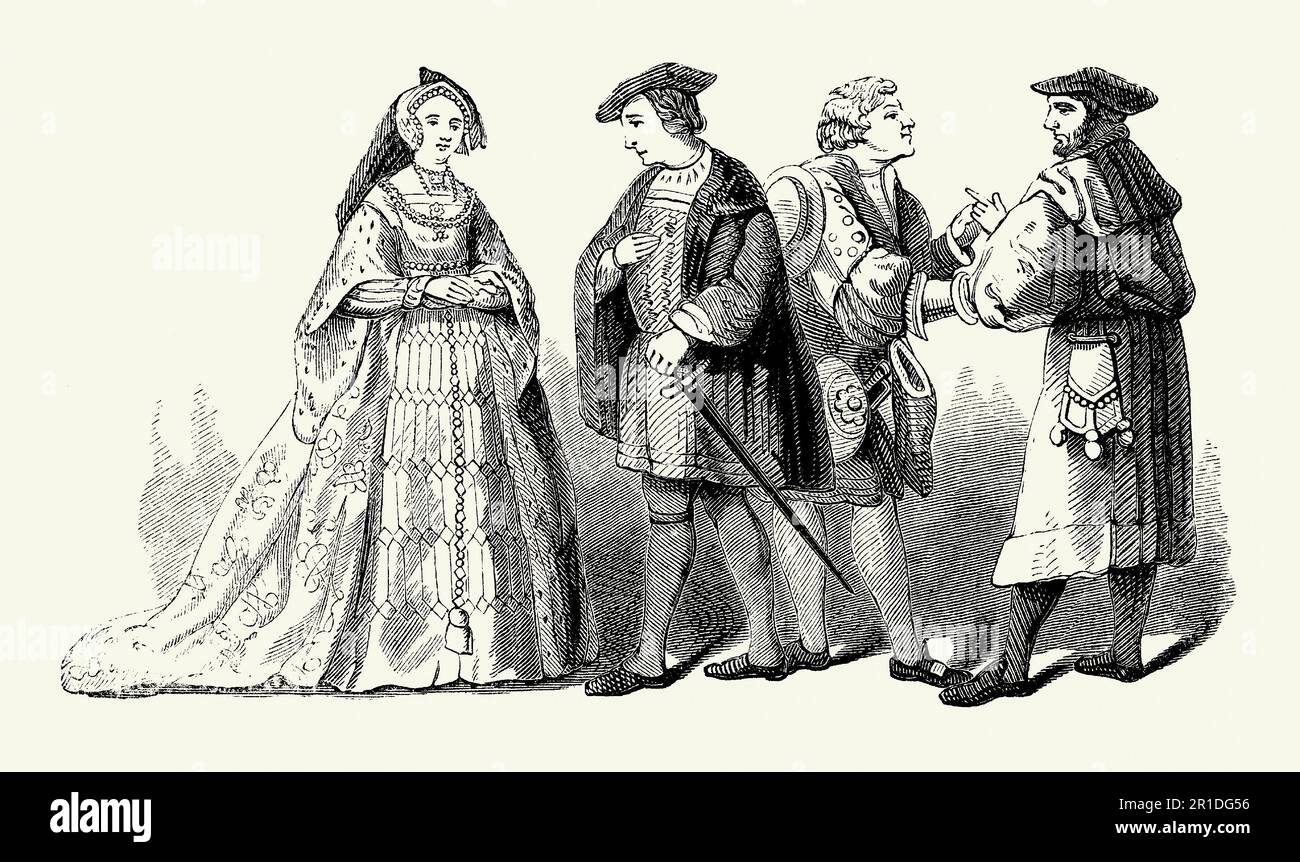 Una vecchia incisione di abbigliamento indossato in Tudor Times in Inghilterra. Lo stile di vestito risale alla prima parte del 16th ° secolo durante il regno di Enrico VIII (1509-1547). Gli abiti da uomo erano spesso caratterizzati da doublet e pantaloni, sui quali veniva indossato un mantello corto con armature e un colletto in pelliccia o velluto. I tappi piatti erano una caratteristica comune. Per le donne capelli lunghi era di moda. Gli abiti lunghi venivano spesso ricamati con gioielli. Questo abbigliamento sarebbe stato indossato da coloro che nella società con soldi, la prova di sbarcamento, la nobiltà e gli altri collegati alla corte reale. Foto Stock