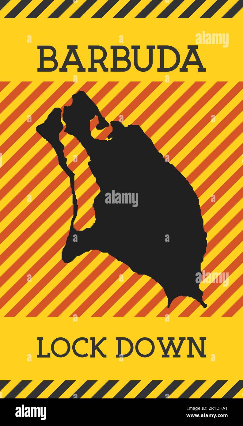 Segnale di blocco Barbuda. Icona gialla di pericolo pandemico dell'isola. Illustrazione vettoriale. Illustrazione Vettoriale
