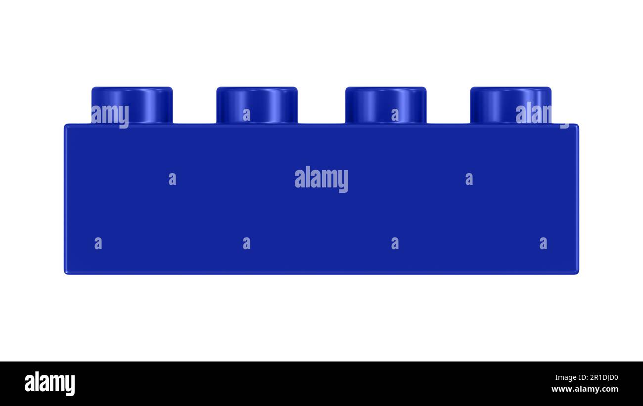 Catarifrangente blocco Lego blu isolato su uno sfondo bianco. Vista ravvicinata di un mattone di plastica per bambini per costruttori, Vista frontale. Rendering 3D di alta qualità con un percorso di lavoro. 8K Ultra HD, 7680x4320 Foto Stock