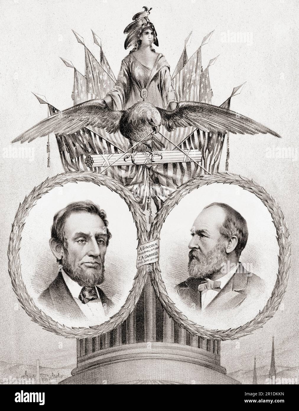 Due presidenti americani assassinati nel 19th ° secolo: Abraham Lincoln, 1809 - 1865 e James Garfield, 1831 - 1881. Dopo una stampa del 19th° secolo. Foto Stock